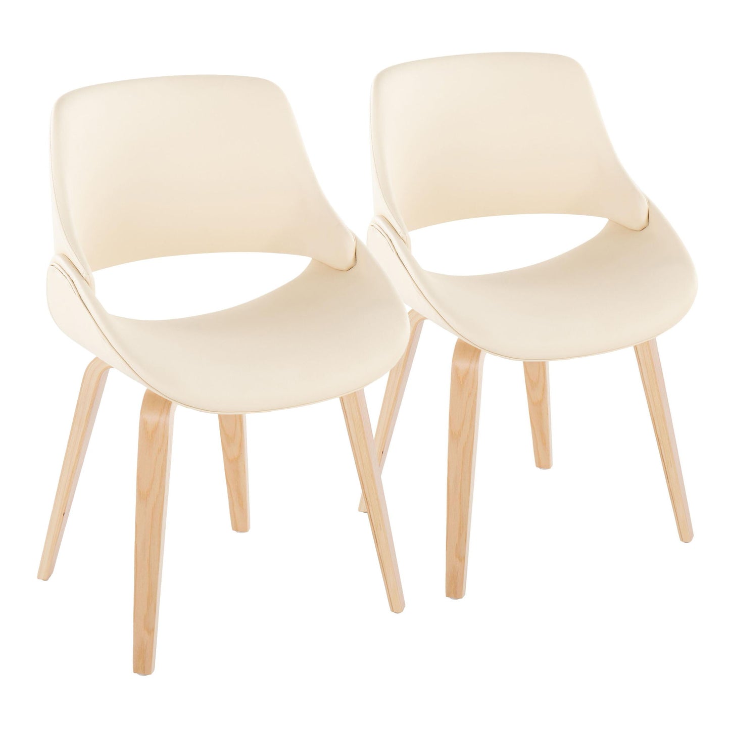 A set of two Fabrico Mid-Century Modern Style Dining Chairs with light beige curved seats and light wooden legs, displayed side by side on a white background.