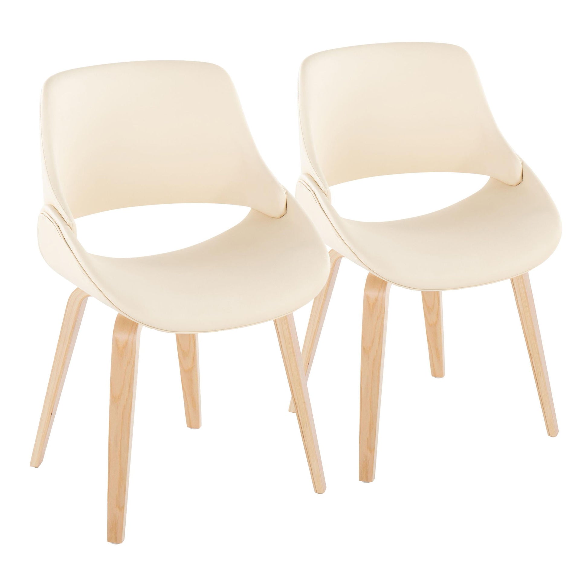 A set of two Fabrico Mid-Century Modern Style Dining Chairs with light beige curved seats and light wooden legs, displayed side by side on a white background.