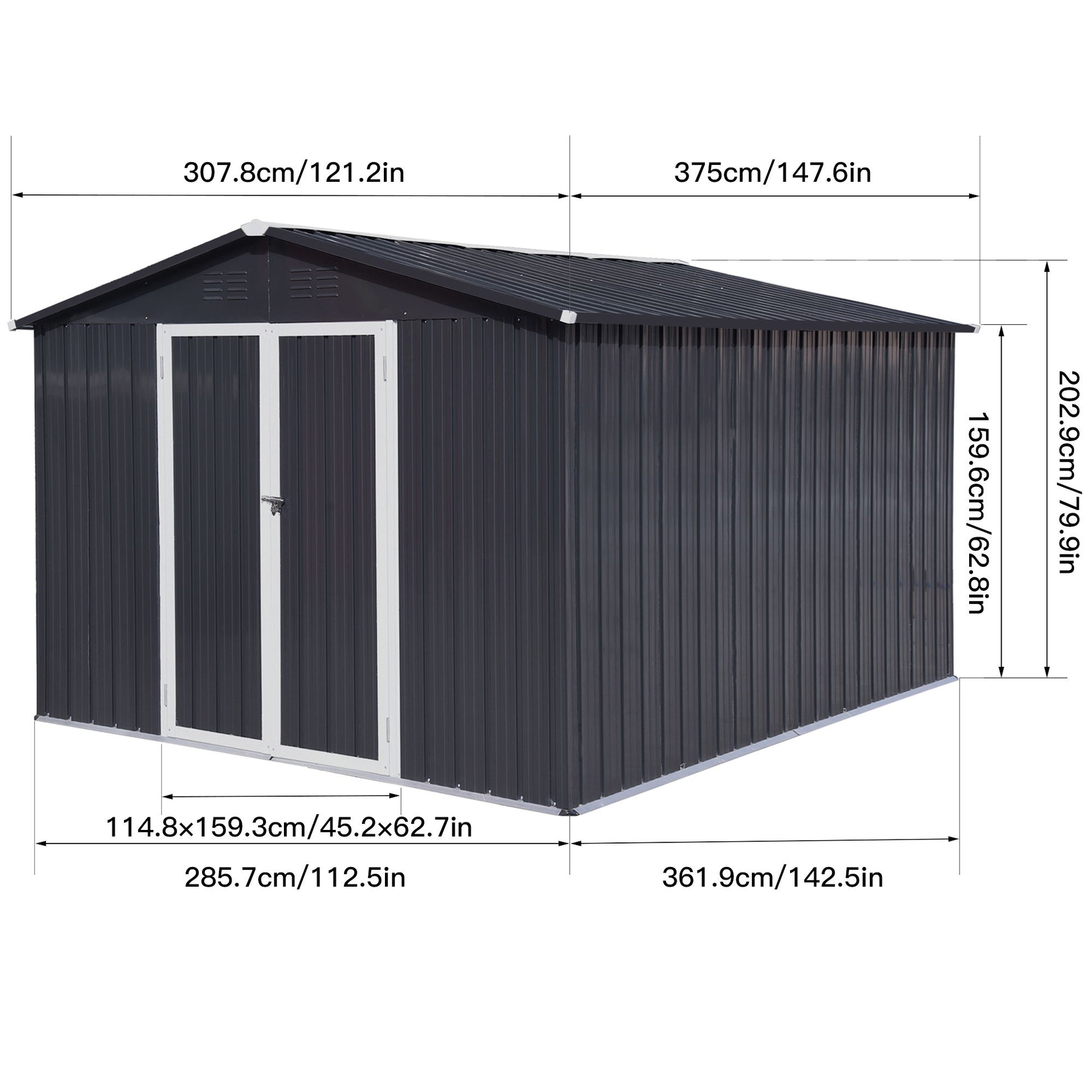 The 10'x12' Garden Sheds Outdoor Storage Shed, shown at an angle in dark gray, features double doors and labeled dimensions: 121.2" width, 147.6" depth, 79.9" height, and a door height of 62.8".