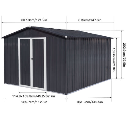 The 10'x12' Garden Sheds Outdoor Storage Shed, shown at an angle in dark gray, features double doors and labeled dimensions: 121.2" width, 147.6" depth, 79.9" height, and a door height of 62.8".