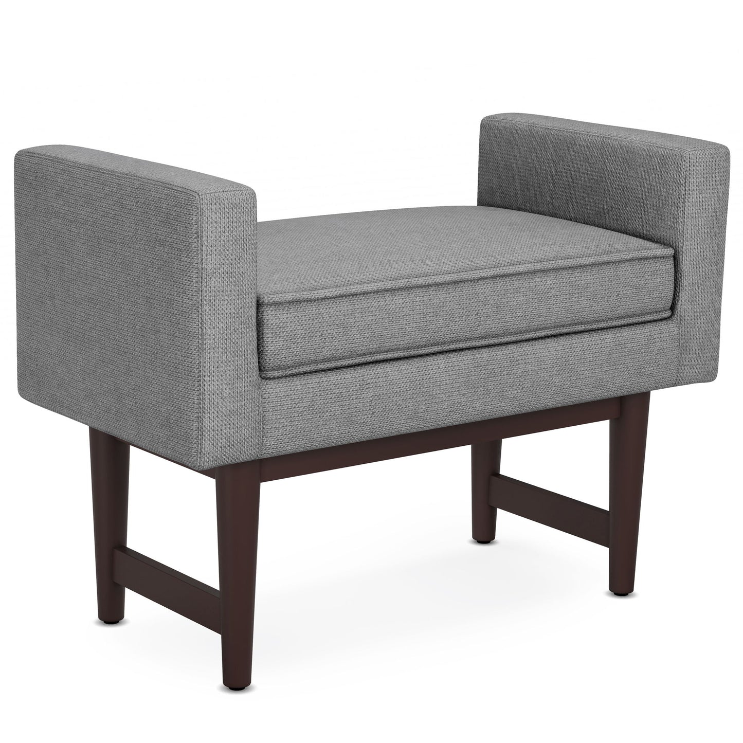 The Scott Upholstered Ottoman Bench features modern gray upholstery, rectangular arms, a cushioned seat, and dark wooden legs, shown against a white background.