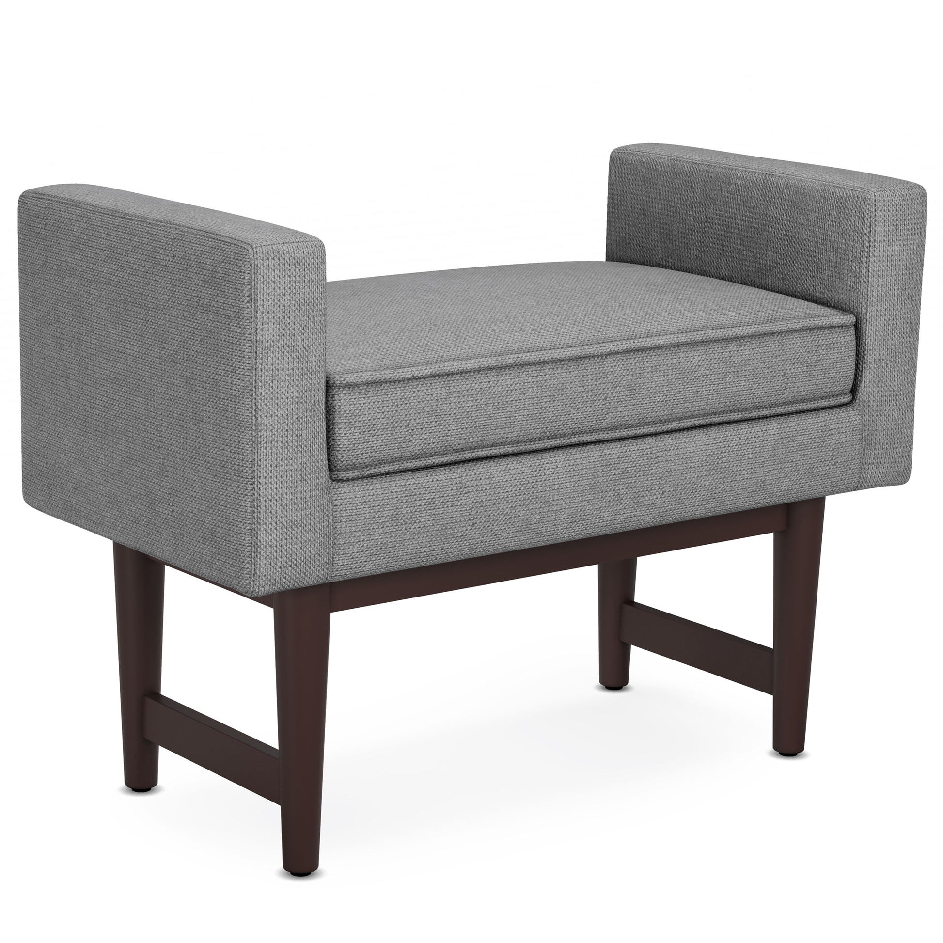 The Scott Upholstered Ottoman Bench features modern gray upholstery, rectangular arms, a cushioned seat, and dark wooden legs, shown against a white background.
