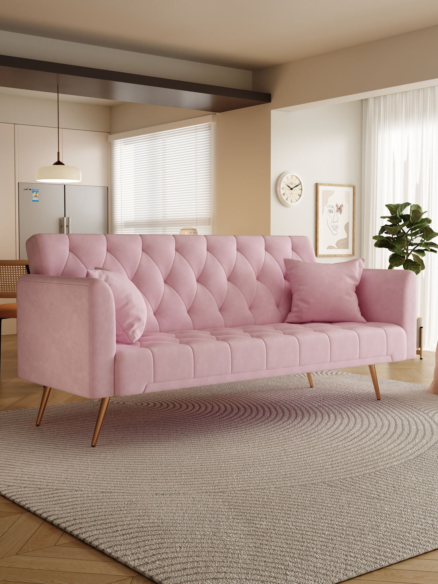 A modern living room features the Convertible Double Folding Living Room Sofa Bed in light pink with tufted design, matching pillows, and wooden legs on a round textured rug, complemented by a large window, potted plant, wall art, and a wall clock.