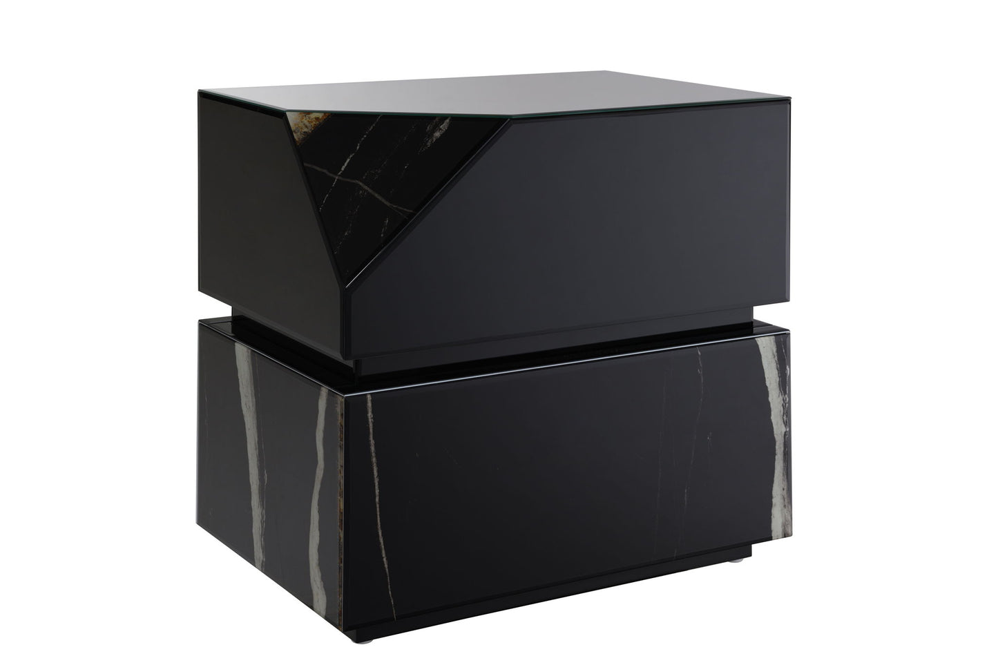 The Drisana Mirrored End Table in black features a modern geometric design with a glossy finish and subtle marble-like white streaks. Its angular top section gives it a dynamic, asymmetrical look.