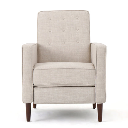 Front view of the Mid-Century Modern Recliner with button-tufted waffle stitch backrest, square arms, and dark wooden legs, upholstered in beige fabric, shown against a white background.
