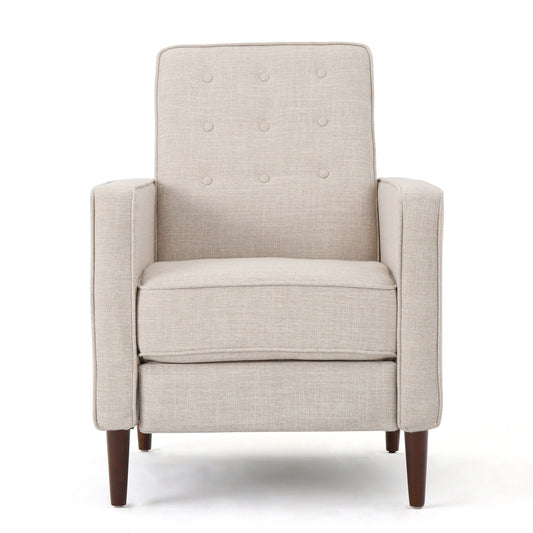 Front view of the Mid-Century Modern Recliner with button-tufted waffle stitch backrest, square arms, and dark wooden legs, upholstered in beige fabric, shown against a white background.