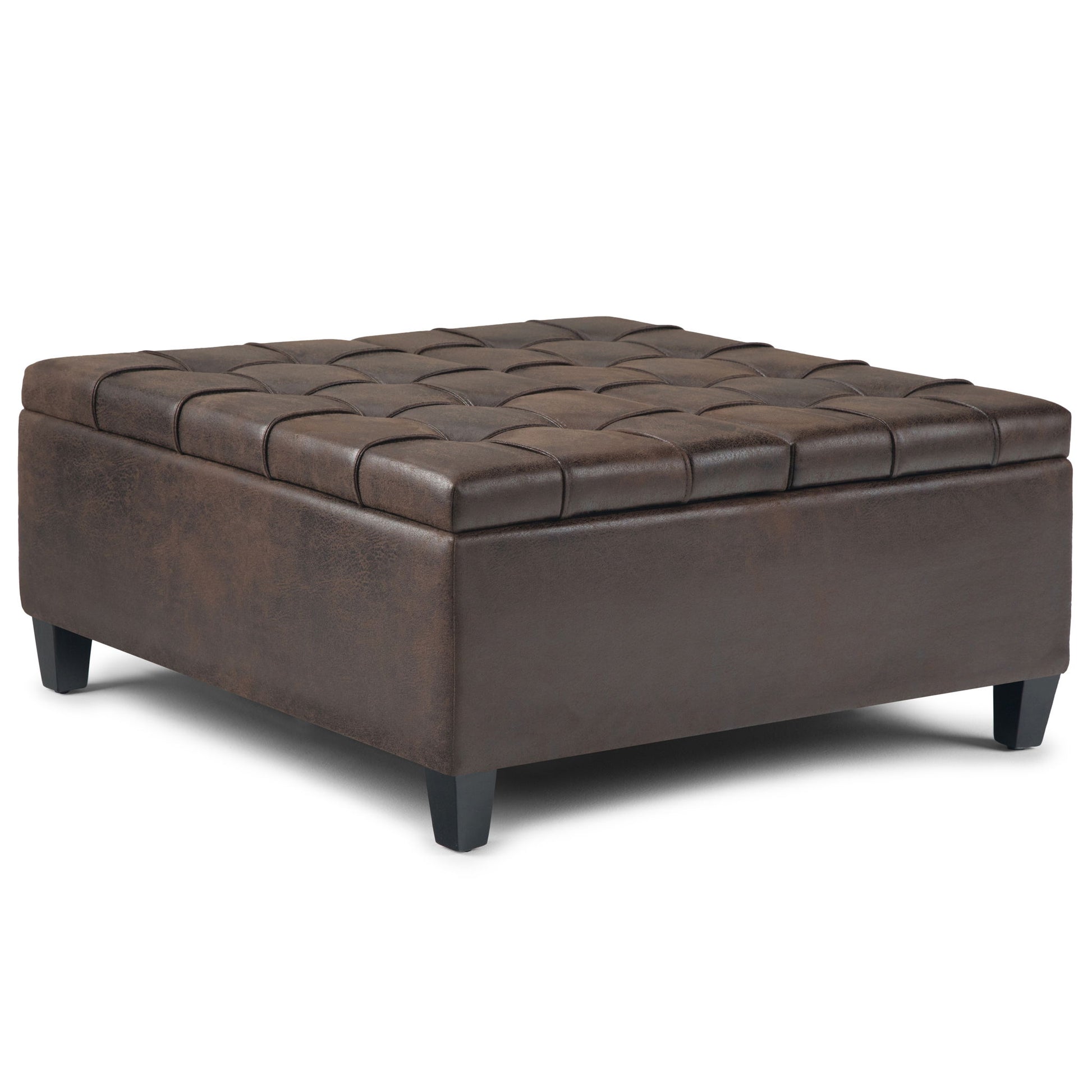 The Harrison Large Coffee Table Storage Ottoman features a square, dark brown leather design with tufted detailing on top and short black wooden legs, displayed against a white background.