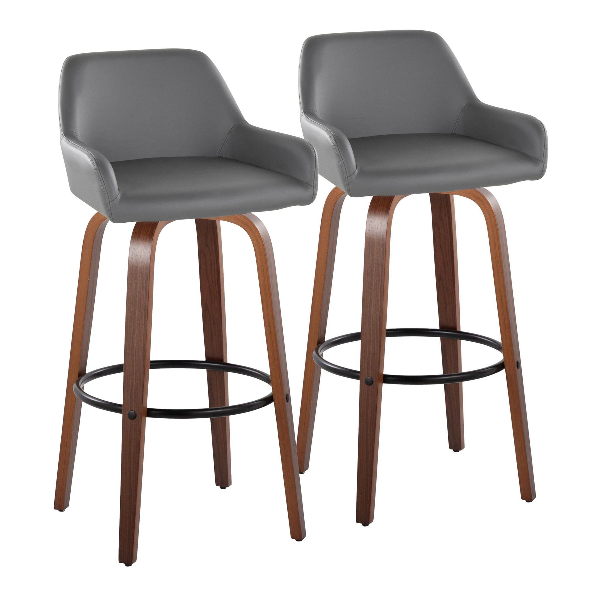 The Daniella set includes two contemporary barstools with gray upholstered seats, curved backrests, armrests, fixed height, four walnut-finished wooden legs, and a round black metal footrest. Sleek modern design.