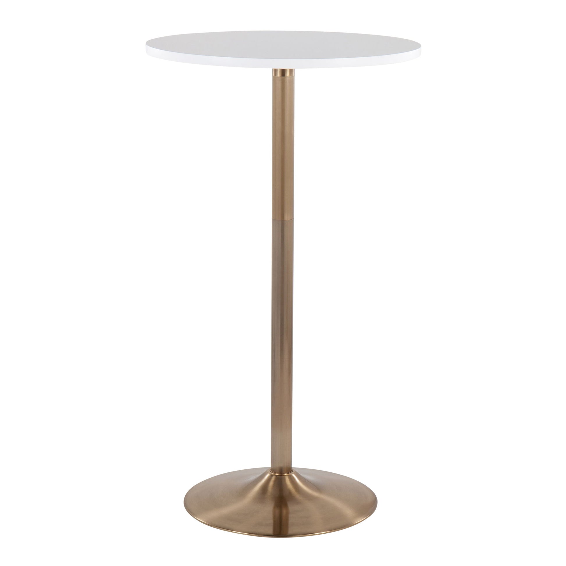 The Pebble - Contemporary & Glam Adjustable Dining / Bar Table features a round white tabletop on a sleek gold metal pedestal with a wide circular base.