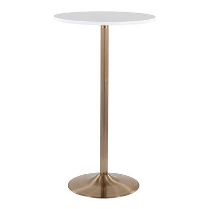 The Pebble - Contemporary & Glam Adjustable Dining / Bar Table features a round white tabletop on a sleek gold metal pedestal with a wide circular base.