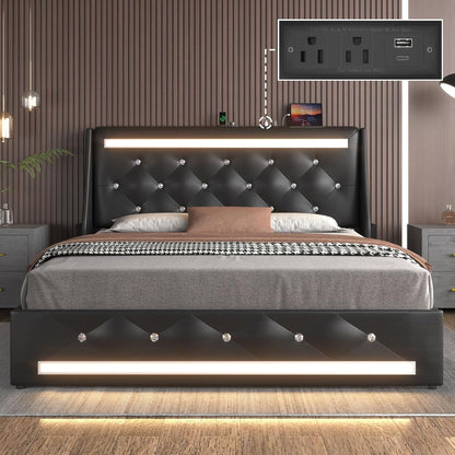 Wingback Upholstered Bed Frame With LED Lights, Charging Station