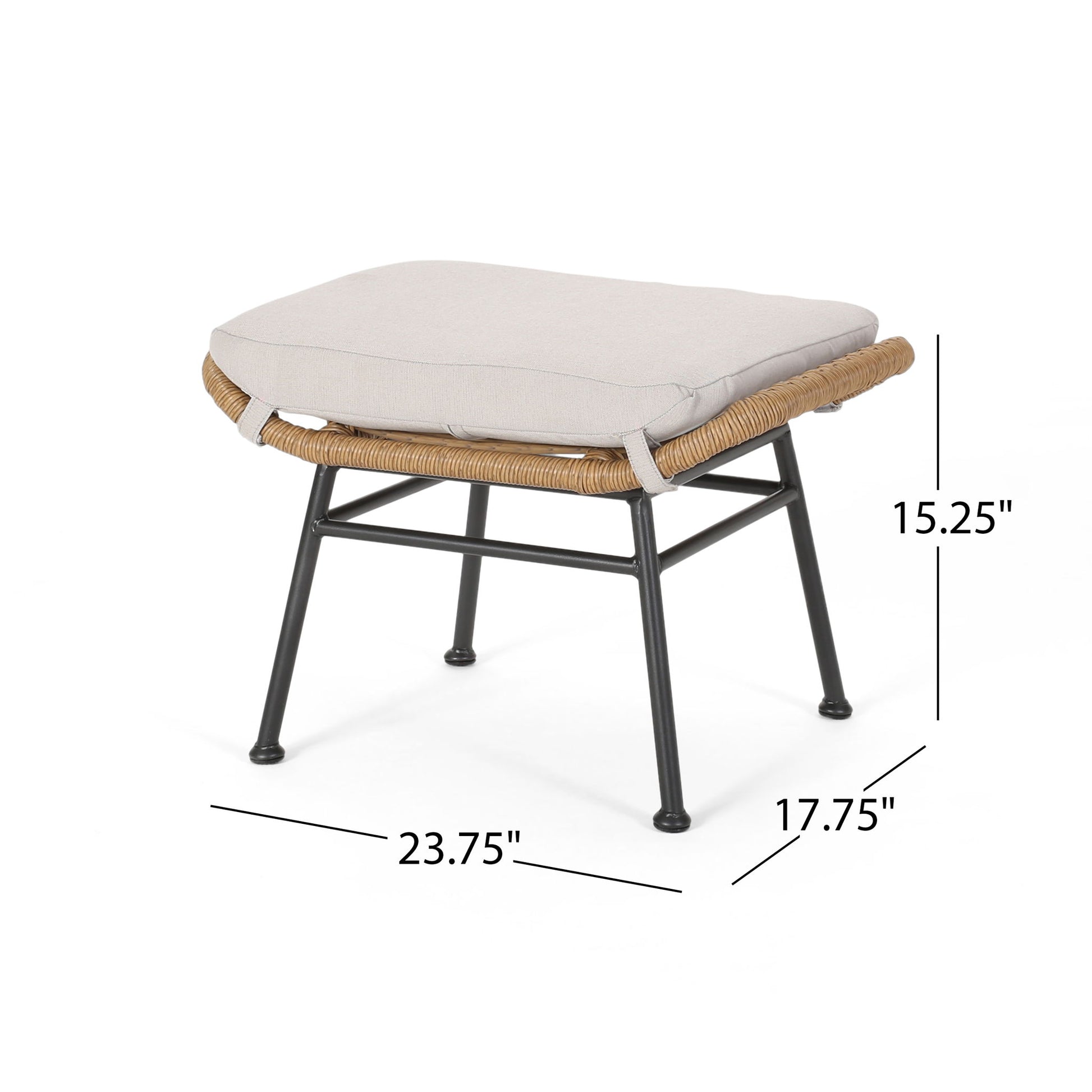 The Outdoor Modern Boho Wicker Ottoman With Cushions (Set of 2) features a beige cushion, woven rattan frame, black metal legs, and measures 23.75" W x 17.75" D x 15.25" H.