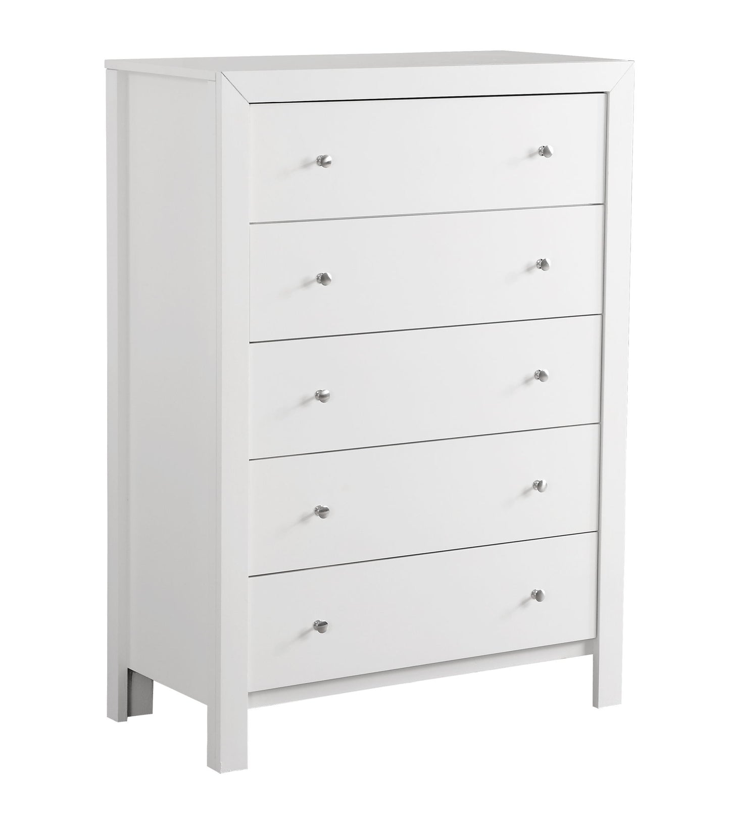 The Modern Elegant Transitional Storage Chest is a tall, white wooden dresser with five drawers, each with a small round silver knob. Its simple, modern design features clean lines and a smooth finish.
