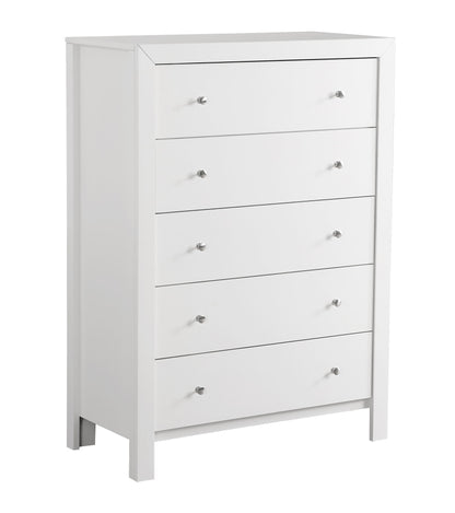 The Modern Elegant Transitional Storage Chest is a tall, white wooden dresser with five drawers, each with a small round silver knob. Its simple, modern design features clean lines and a smooth finish.