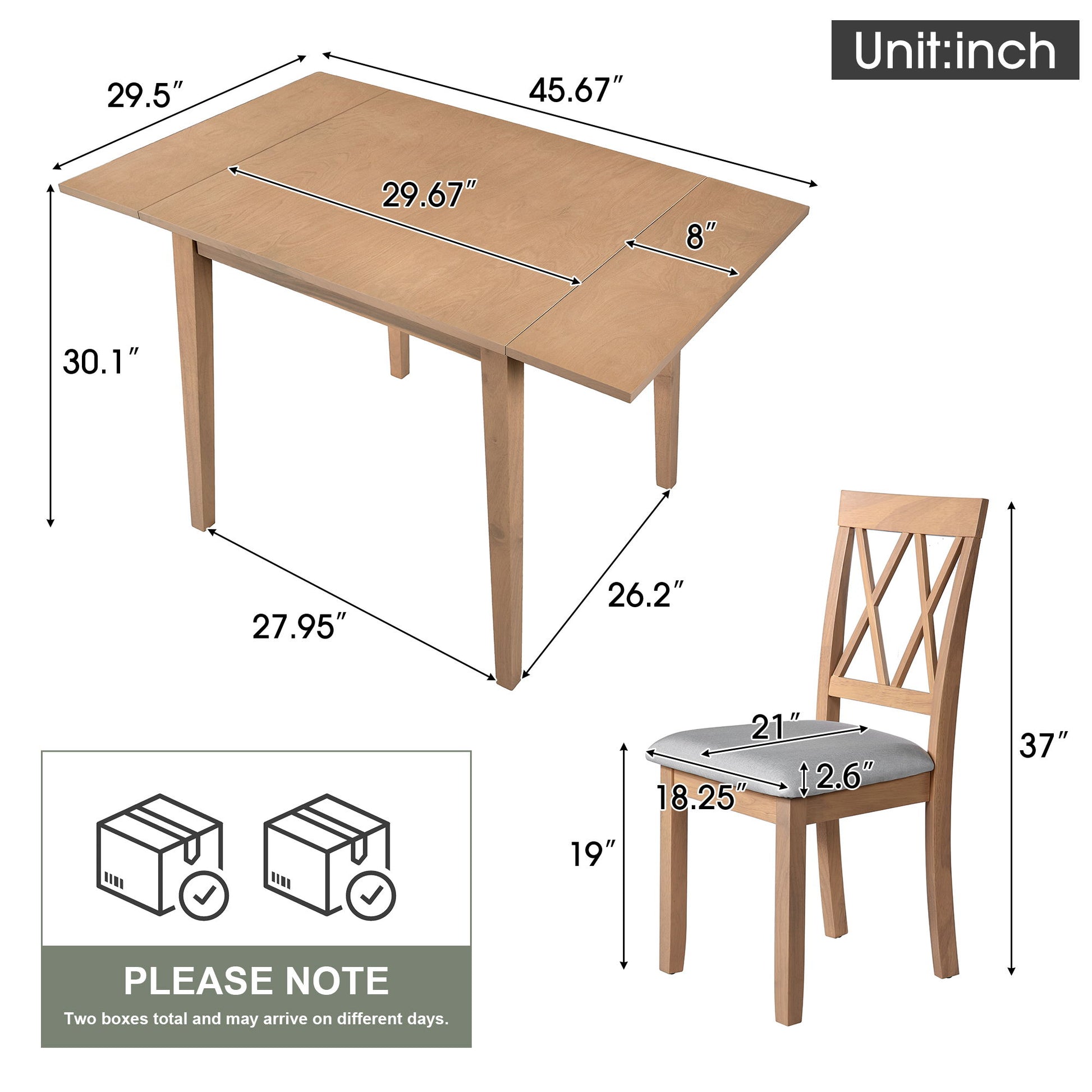 The 3 Piece Kitchen Dining Set includes a light brown drop leaf table (45.67"L x 29.5"W x 30.1"H, extension 8") and two upholstered chairs (18.25"W x 18.25"D x 37"H). Perfect for small spaces; ships in two boxes. All measurements in inches.