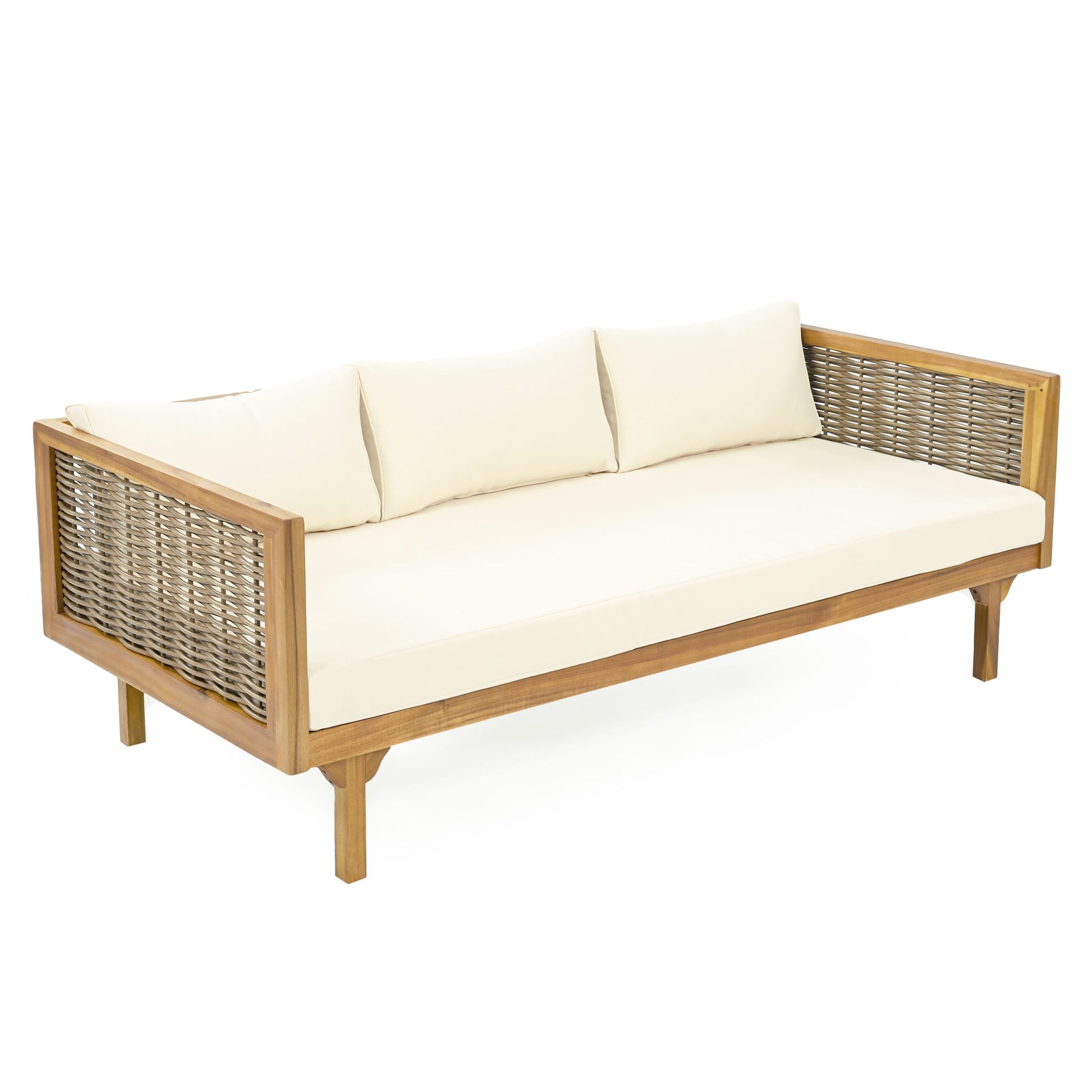 The Claremont 3 Seater Daybed features a teak acacia wood frame, woven side panels, and cream water-resistant cushions and pillows, displayed against a white background.