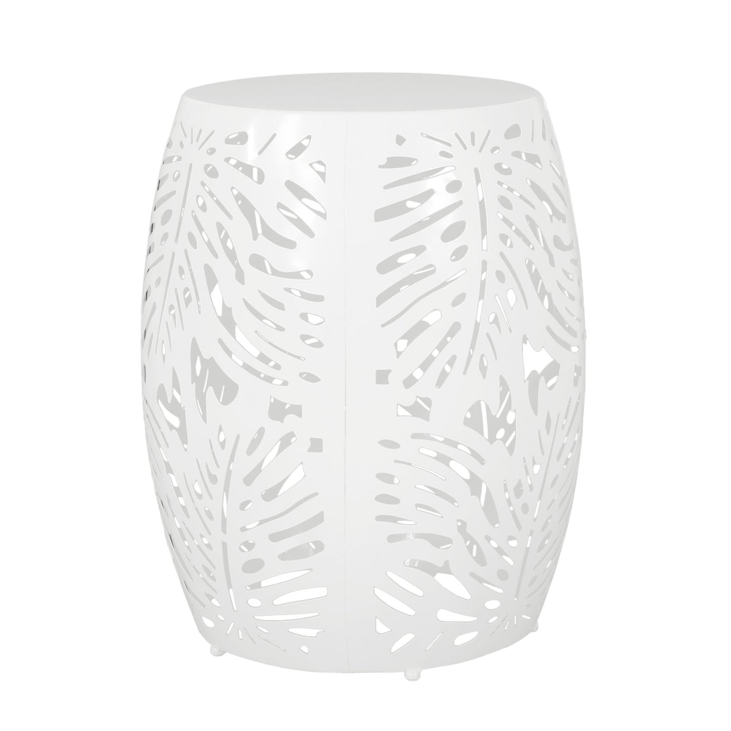 The Modern Design Metal End Table, Large, is a white barrel-shaped side table with an airy cutout pattern of overlapping leaves for a stylish, decorative look.
