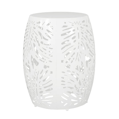 The Modern Design Metal End Table, Large, is a white barrel-shaped side table with an airy cutout pattern of overlapping leaves for a stylish, decorative look.