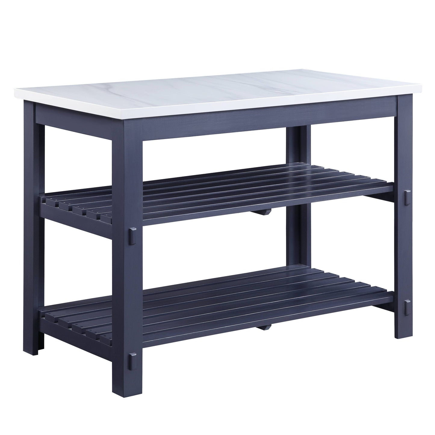 The Enapay - Marble Top Kitchen Island features a gray wooden frame with a marble top and two open slatted shelves for storage.