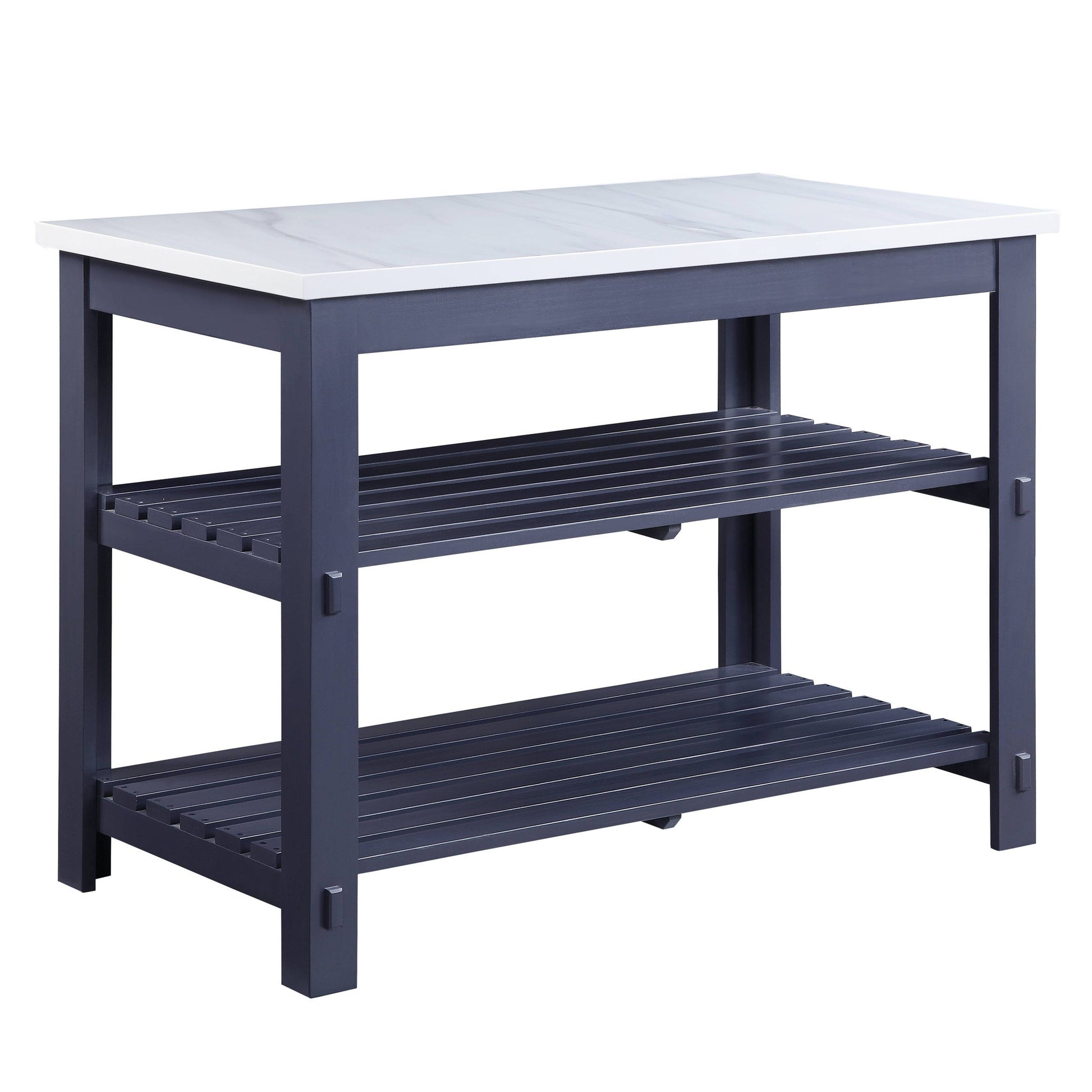 The Enapay - Marble Top Kitchen Island features a gray wooden frame with a marble top and two open slatted shelves for storage.