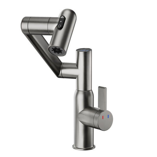 Bathroom Sink Faucet With Spray Function, Temperature Display, Anti Skid Switch, Hot & Cold, 360 Degree Rotary, Brass - Gun Gray