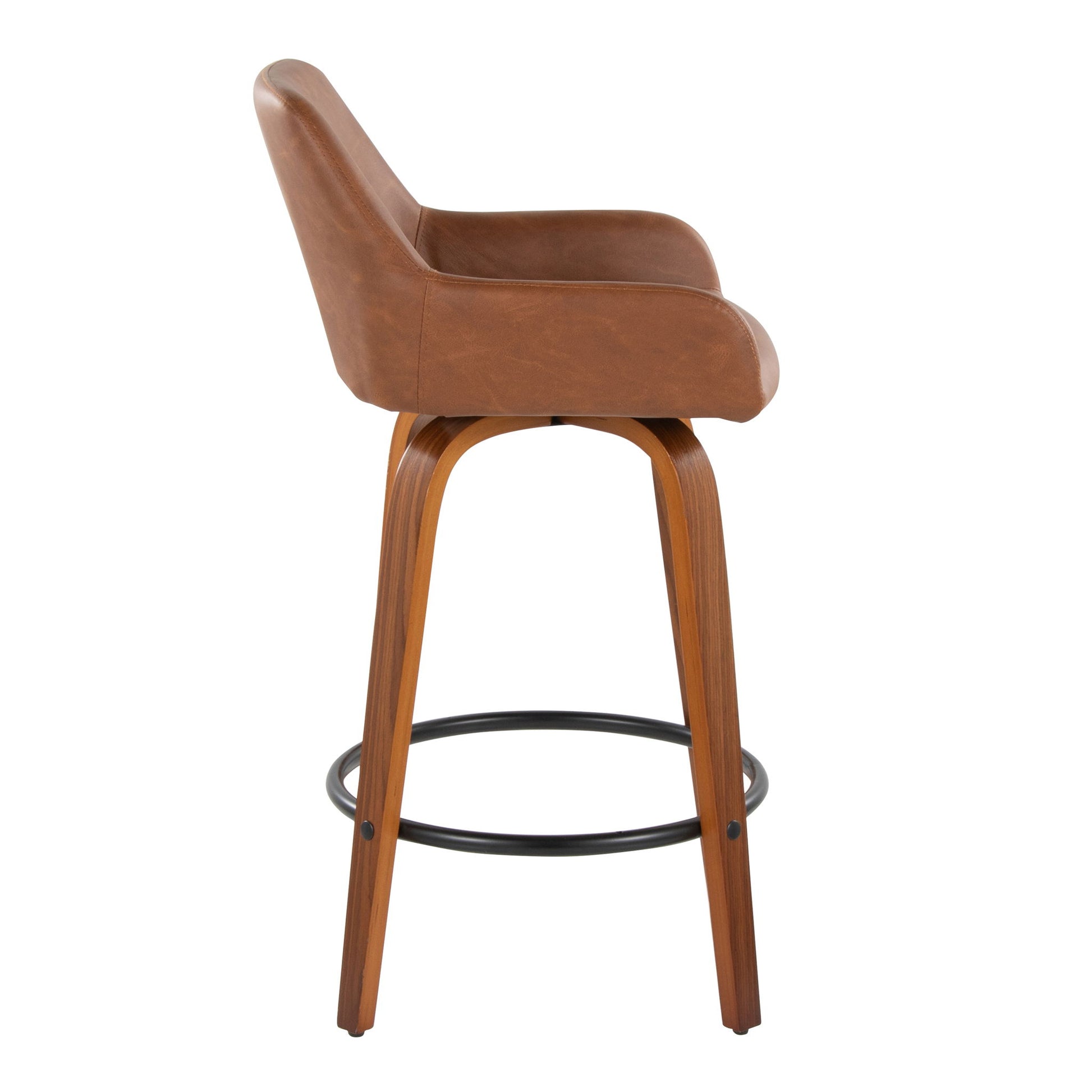 Side view of the Daniella Contemporary Fixed Height Counter Stool with swivel, featuring a brown faux leather seat, curved wooden legs, and a black round metal footrest. Set of 2.