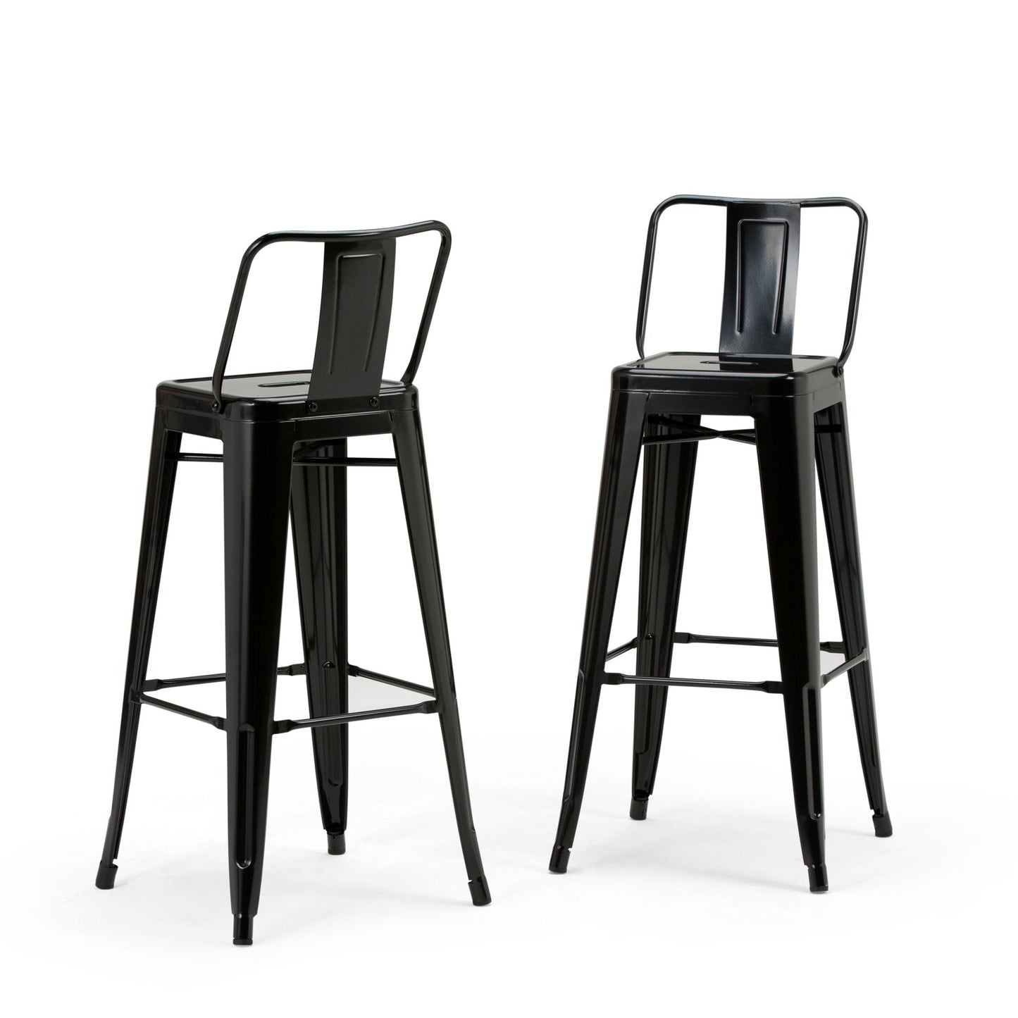 Two Rayne Multifunctional Metal Stools in tall black metal, each with a backrest and footrest, showcase a minimalist industrial design against a white background.