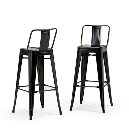 Two Rayne Multifunctional Metal Stools in tall black metal, each with a backrest and footrest, showcase a minimalist industrial design against a white background.