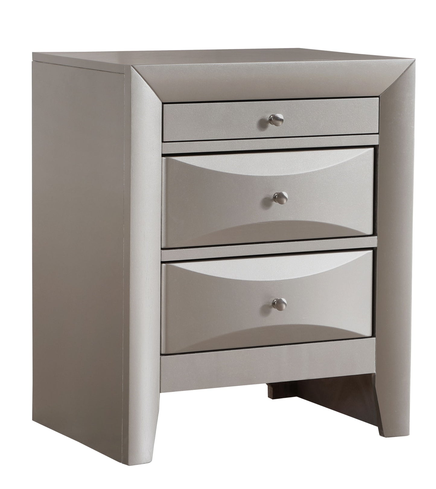 The Marilla Nightstand features a modern metallic gray finish, three drawers with round silver knobs, wave-patterned fronts, and a sleek angular frame with a subtly recessed base.