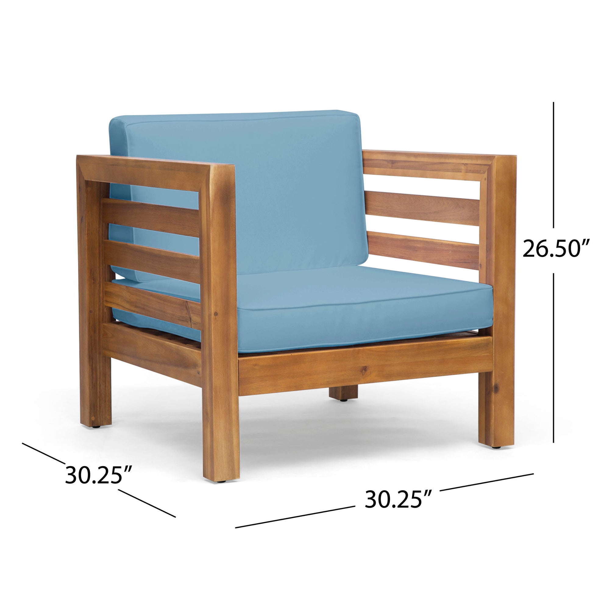 The Outdoor Acacia Wood Patio Chair With Fabric Cushion features slatted sides and back, light blue seat and back cushions, and measures 30.25" deep, 30.25" wide, and 26.5" high.