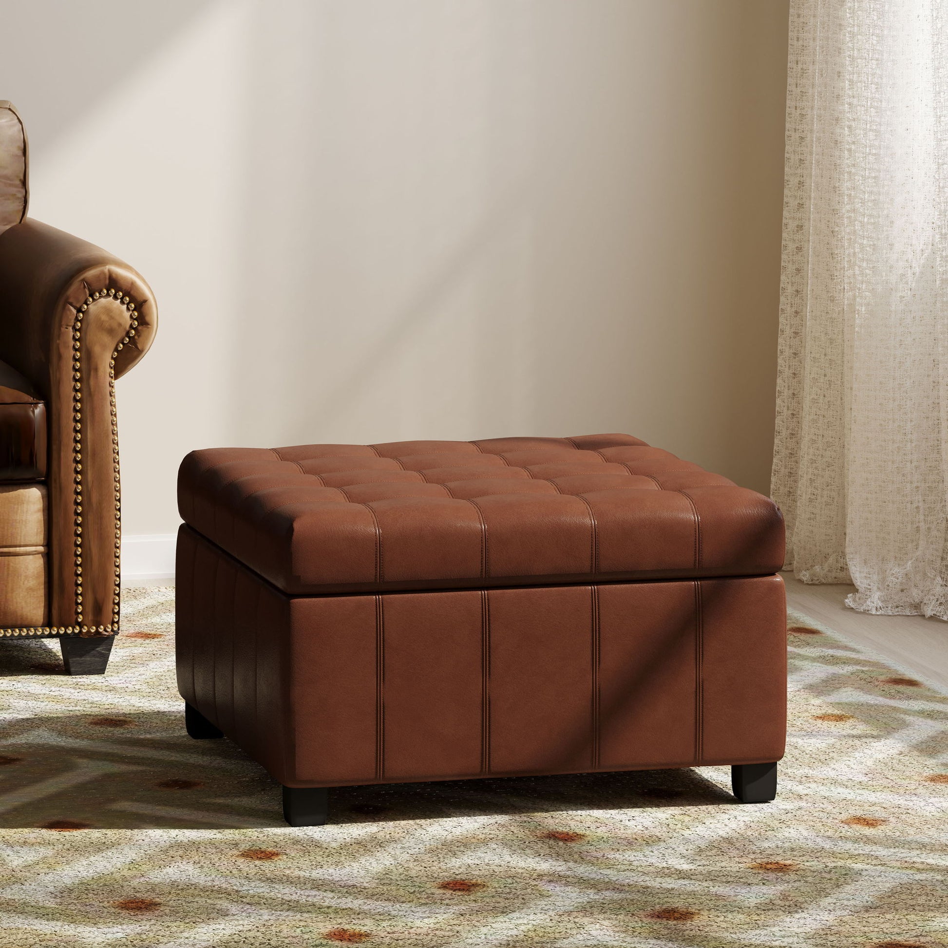 A Storage Ottoman For Living Room with a tufted brown leather top stands on a patterned rug in a sunlit room, beside a matching armchair and cream-colored curtains.