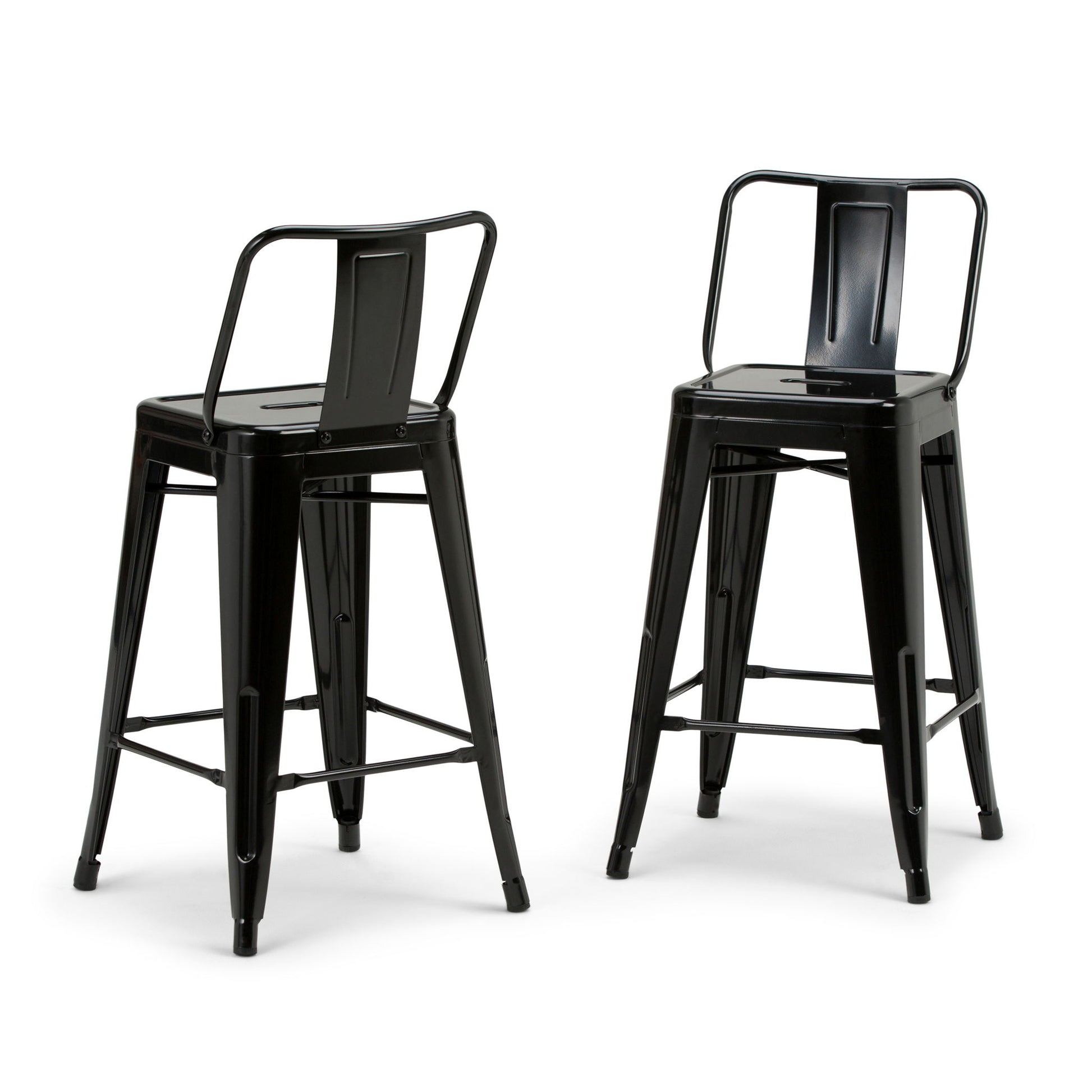 Two Rayne Multifunctional Metal Stools in tall black metal, each with a backrest and footrest, feature a minimalist industrial design. Shown at slight angles to display both front and side views.