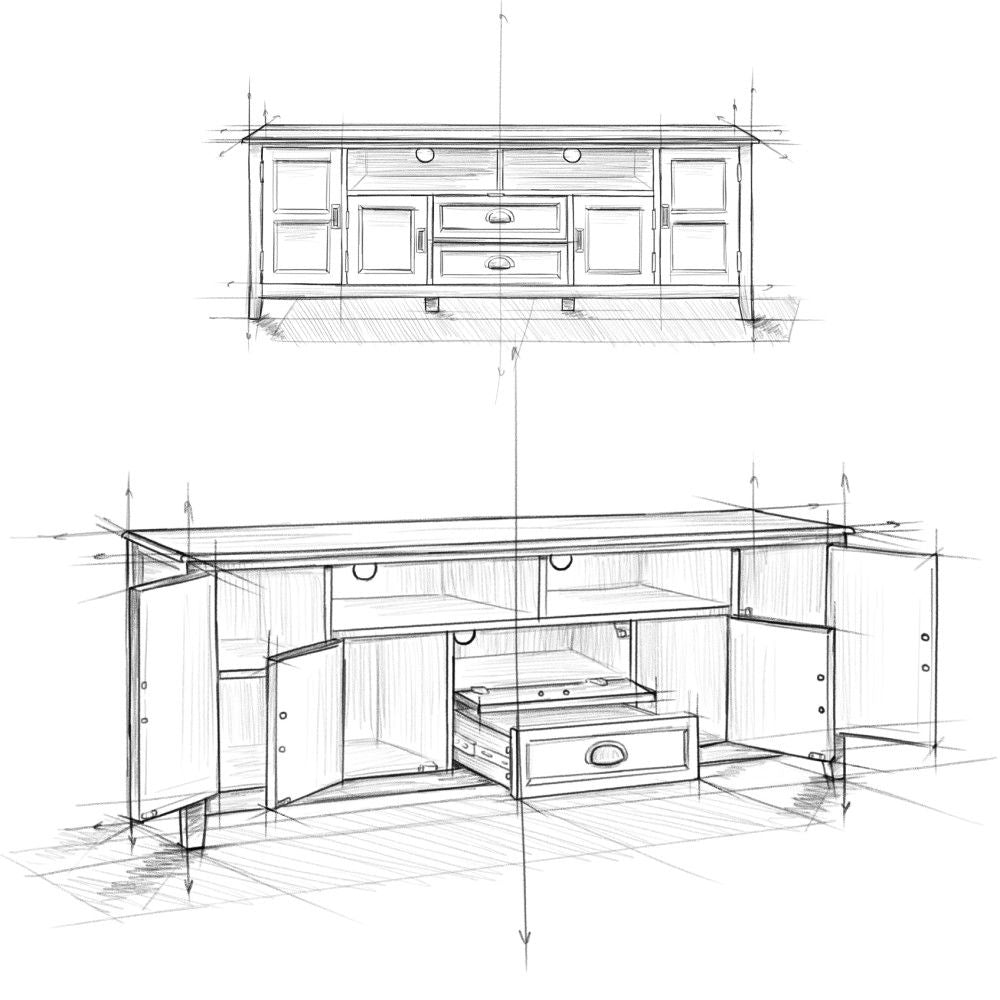 Hand-drawn sketches of the Burlington - TV Media Stand, featuring a front view and an angled view with doors and drawers open to display interior shelving and storage compartments.