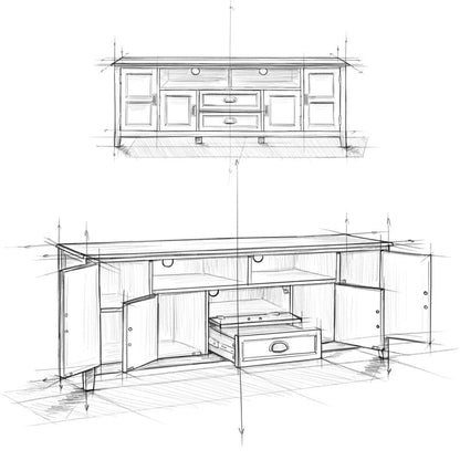 Hand-drawn sketches of the Burlington - TV Media Stand, featuring a front view and an angled view with doors and drawers open to display interior shelving and storage compartments.