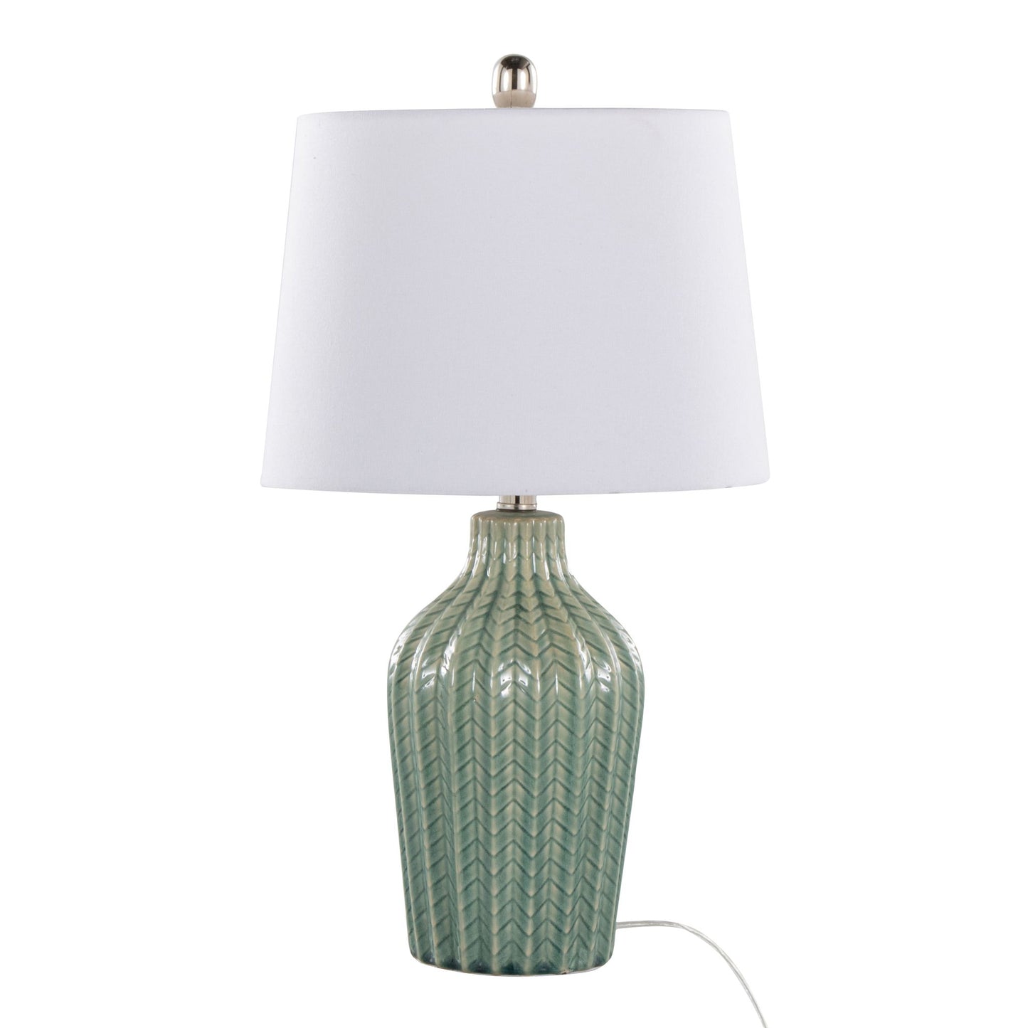 The Rockwell - Contemporary Table Lamp (Set of 2) features a textured green ceramic base with a chevron pattern, a white fabric lampshade, and a visible white cord for plug-in use.