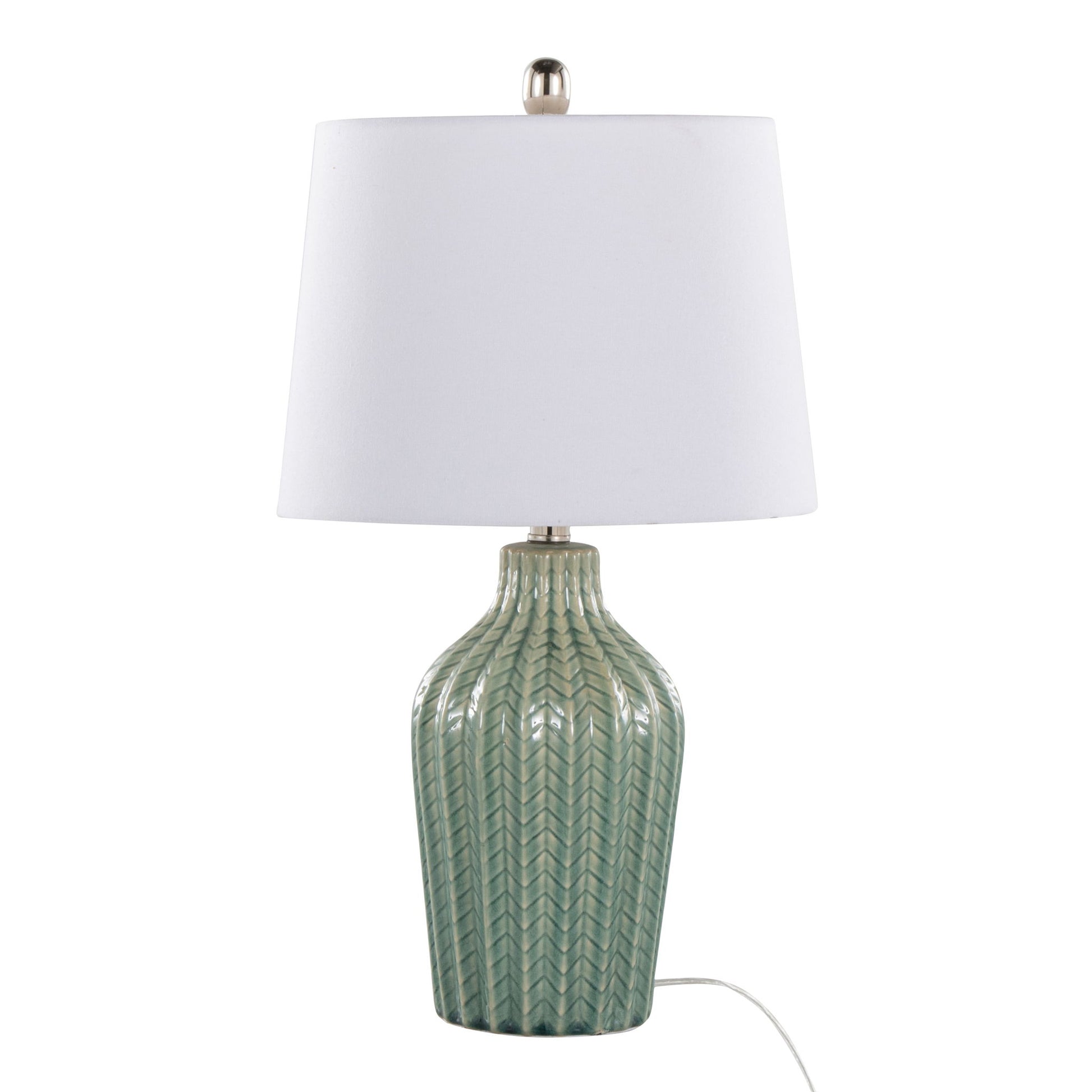 The Rockwell - Contemporary Table Lamp (Set of 2) features a textured green ceramic base with a chevron pattern, a white fabric lampshade, and a visible white cord for plug-in use.