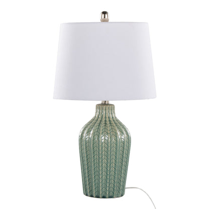 The Rockwell - Contemporary Table Lamp (Set of 2) features a textured green ceramic base with a chevron pattern, a white fabric lampshade, and a visible white cord for plug-in use.