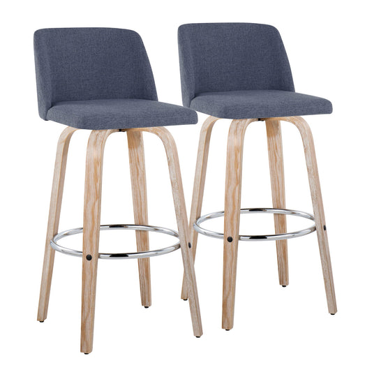 The Toriano Contemporary Barstool set includes two fixed-height stools with swivel seats, round chrome footrests, light wood legs, and cushioned dark gray upholstered seats and backs in a minimalist design.