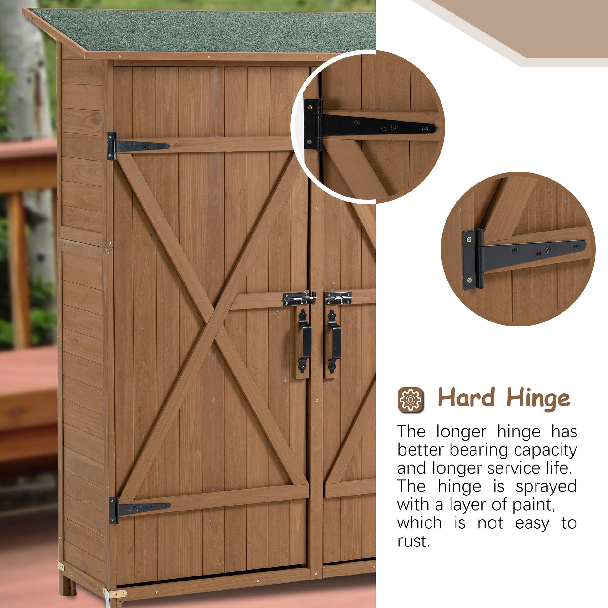 Outdoor Storage Shed With Lockable Door features sturdy, rust-resistant black metal hinges and a green pitch roof. Close-up insets highlight the durable, protective paint coating on the hinges. Includes detachable shelves for flexible storage.