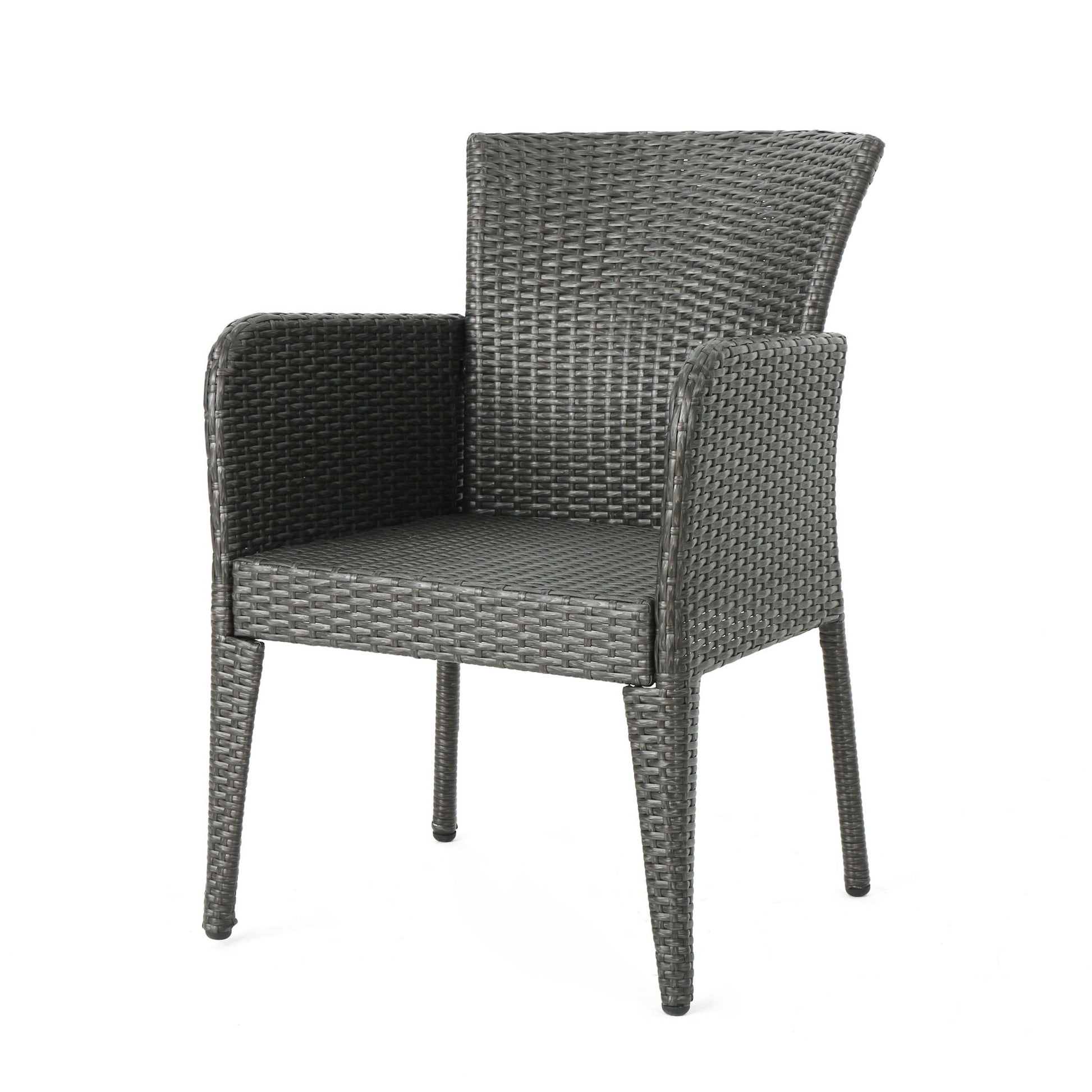 The Anaya Outdoor Wicker Dining Armchair (Set of 2) features a modern design with armrests, dark woven rattan, a straight back, square seat, and angled legs—perfect for stylish outdoor seating.
