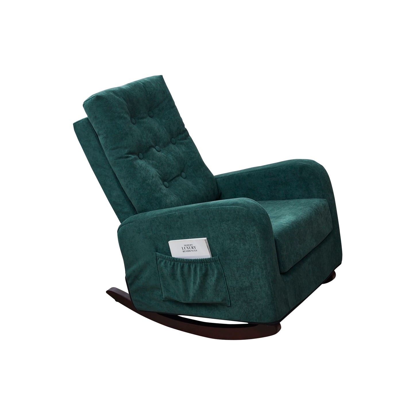 A green Single Sofa Reclining Japanese Chair with cushioned back, armrests, wooden curved rockers, and a side pocket for books or magazines—perfect as a lazy sofa or adjustable tatami balcony chair.