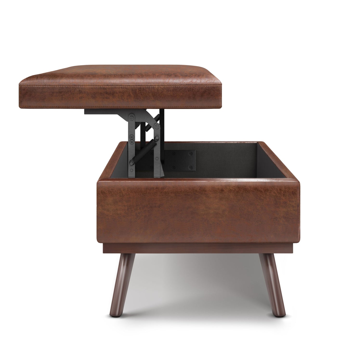 The Owen Lift Top Large Coffee Table Storage Ottoman features a brown leather finish, four wooden legs, and a cushioned top that lifts to reveal a spacious hidden storage compartment inside.