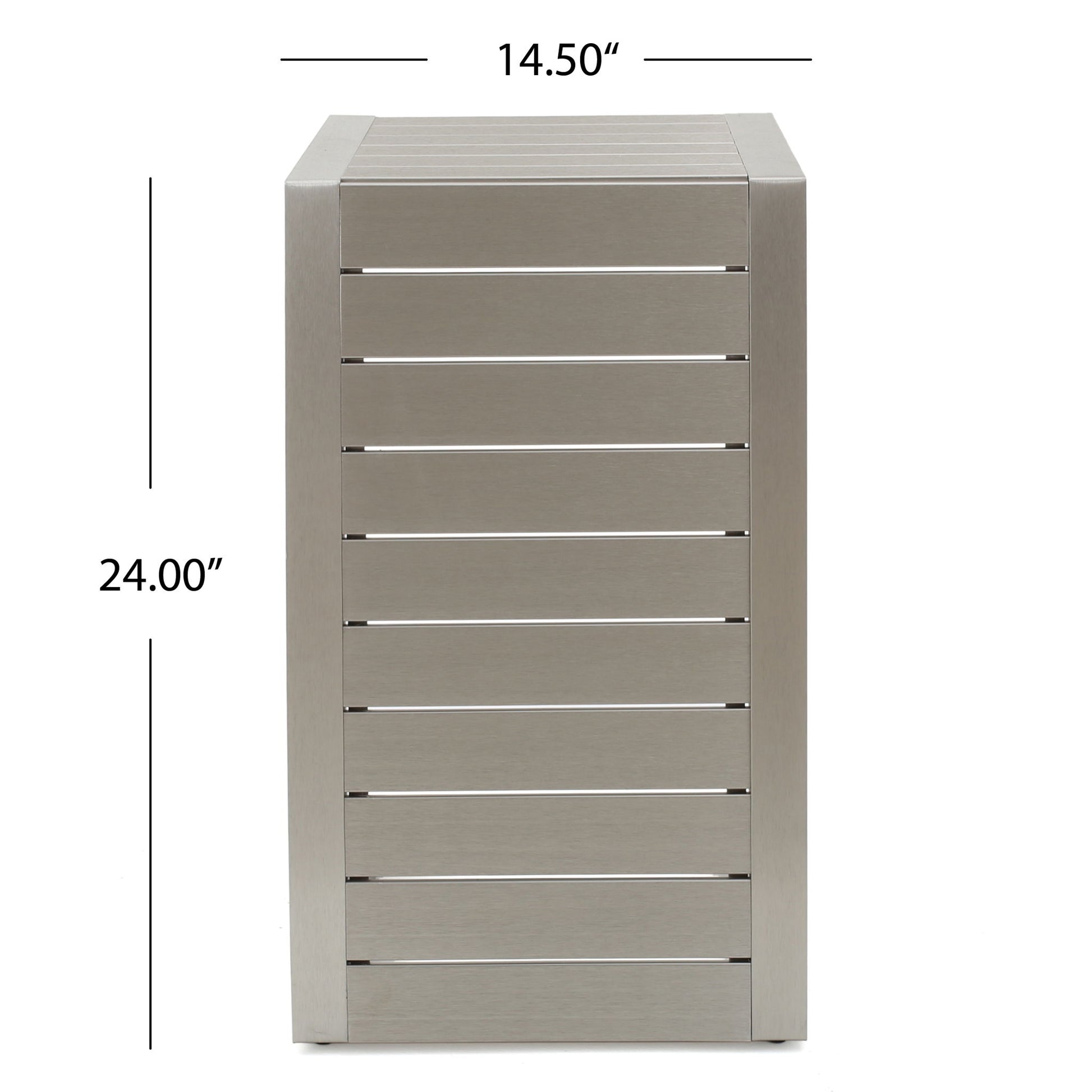 A rectangular, silver aluminum outdoor C-shaped side table for patio with horizontal slats, measuring 14.5 inches wide and 24 inches tall. Measurements are indicated by arrows next to and above the table.