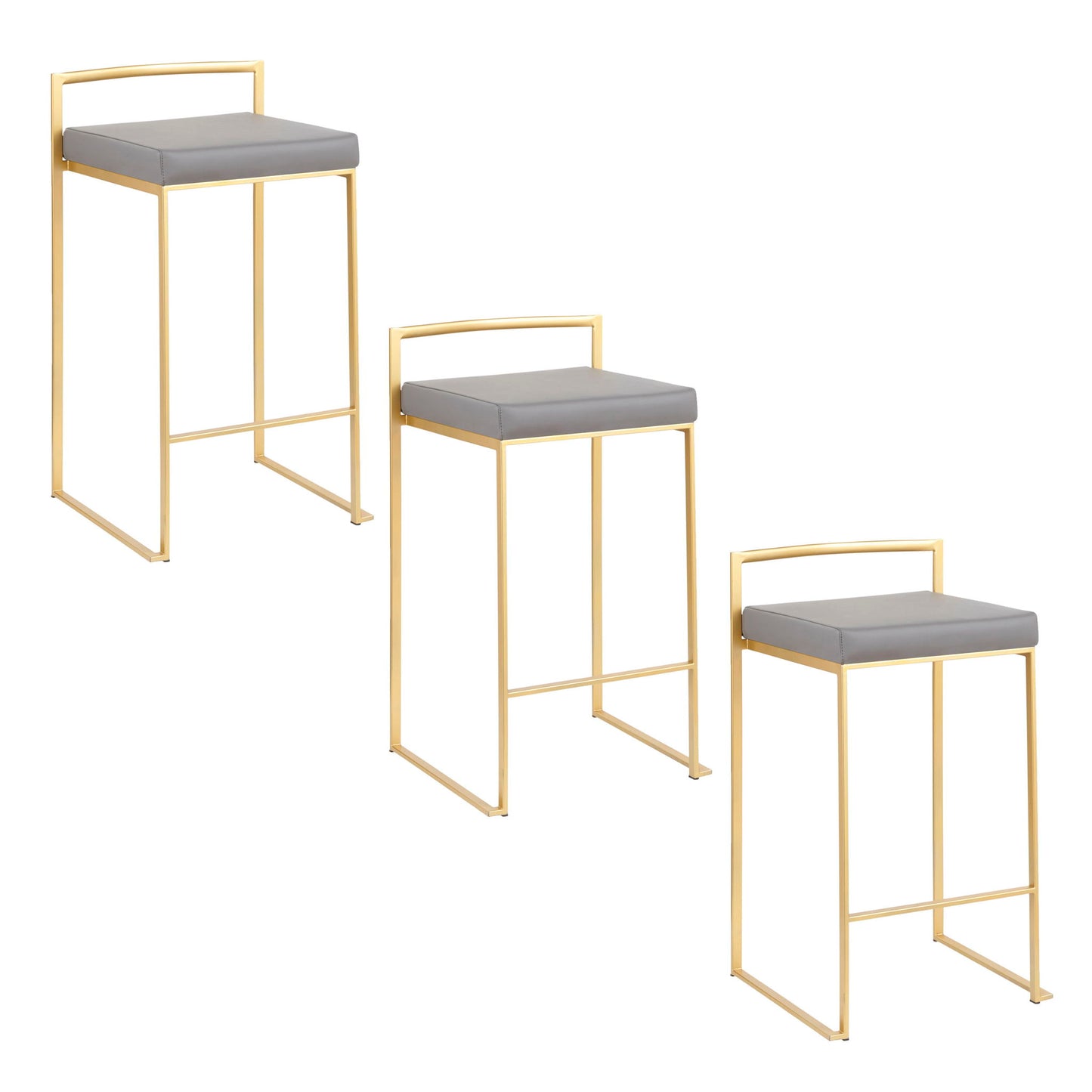 The Fuji - Contemporary / Glam Design Counter Stool (Set of 2) features gold metal frames, light gray cushioned seats, and minimalistic backrests in a sleek modern design—shown arranged diagonally on a white background.