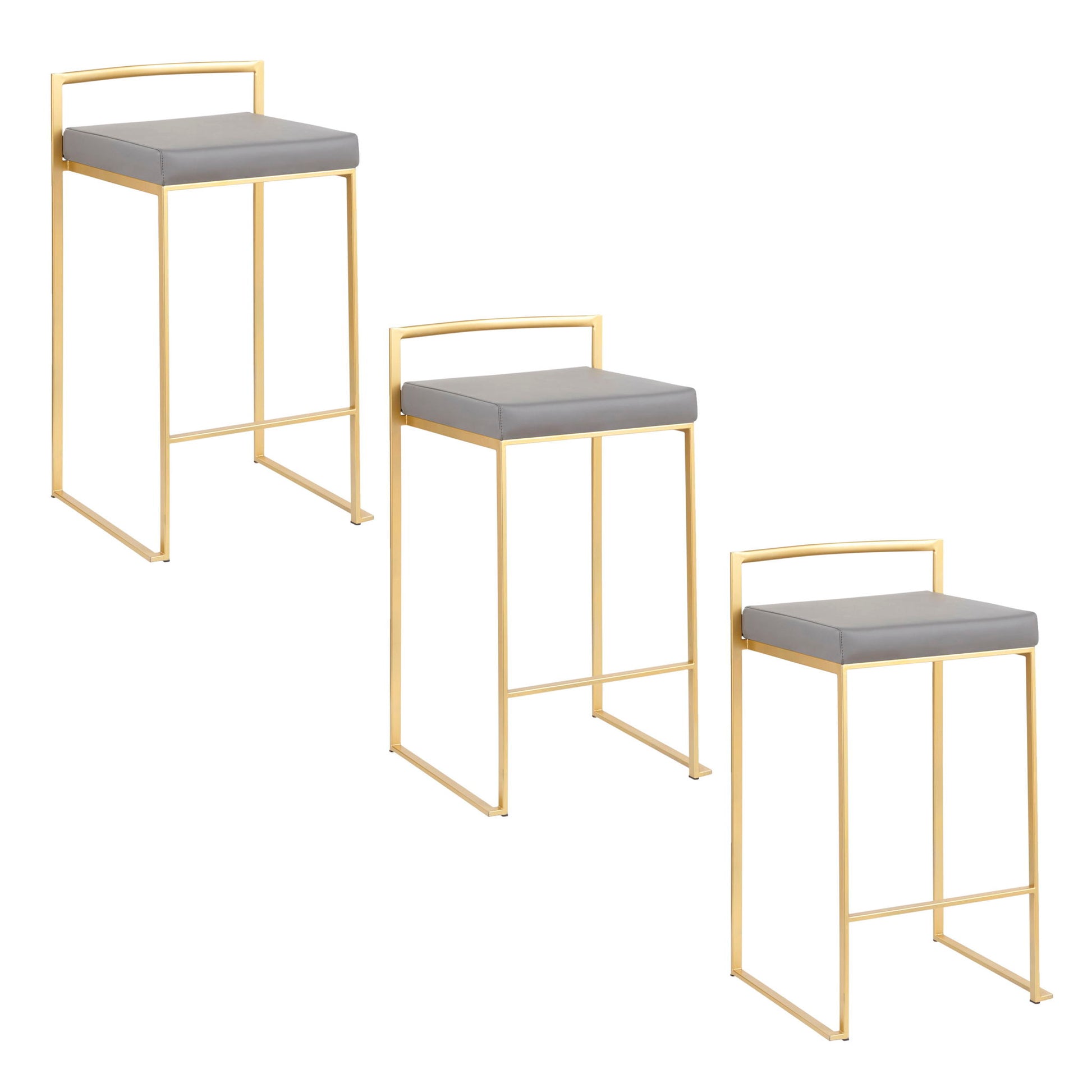 The Fuji - Contemporary / Glam Design Counter Stool (Set of 2) features gold metal frames, light gray cushioned seats, and minimalistic backrests in a sleek modern design—shown arranged diagonally on a white background.