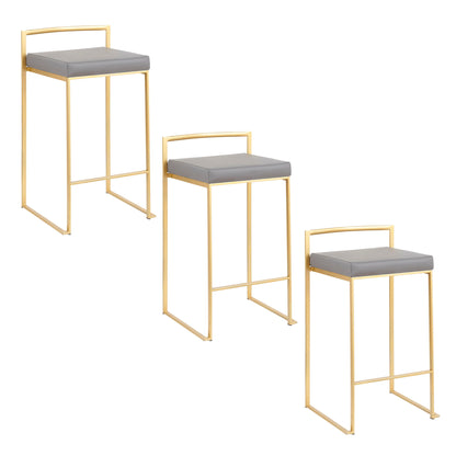The Fuji - Contemporary / Glam Design Counter Stool (Set of 2) features gold metal frames, light gray cushioned seats, and minimalistic backrests in a sleek modern design—shown arranged diagonally on a white background.