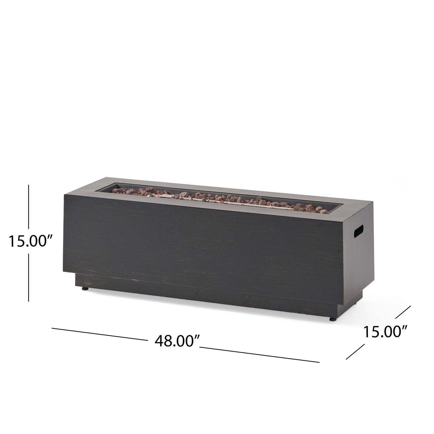 The Modern Rectangular Iron Fire Pit 50,000 Btu is a black table with side handles, filled with small lava rocks. It measures 48" wide, 15" deep, and 15" high.