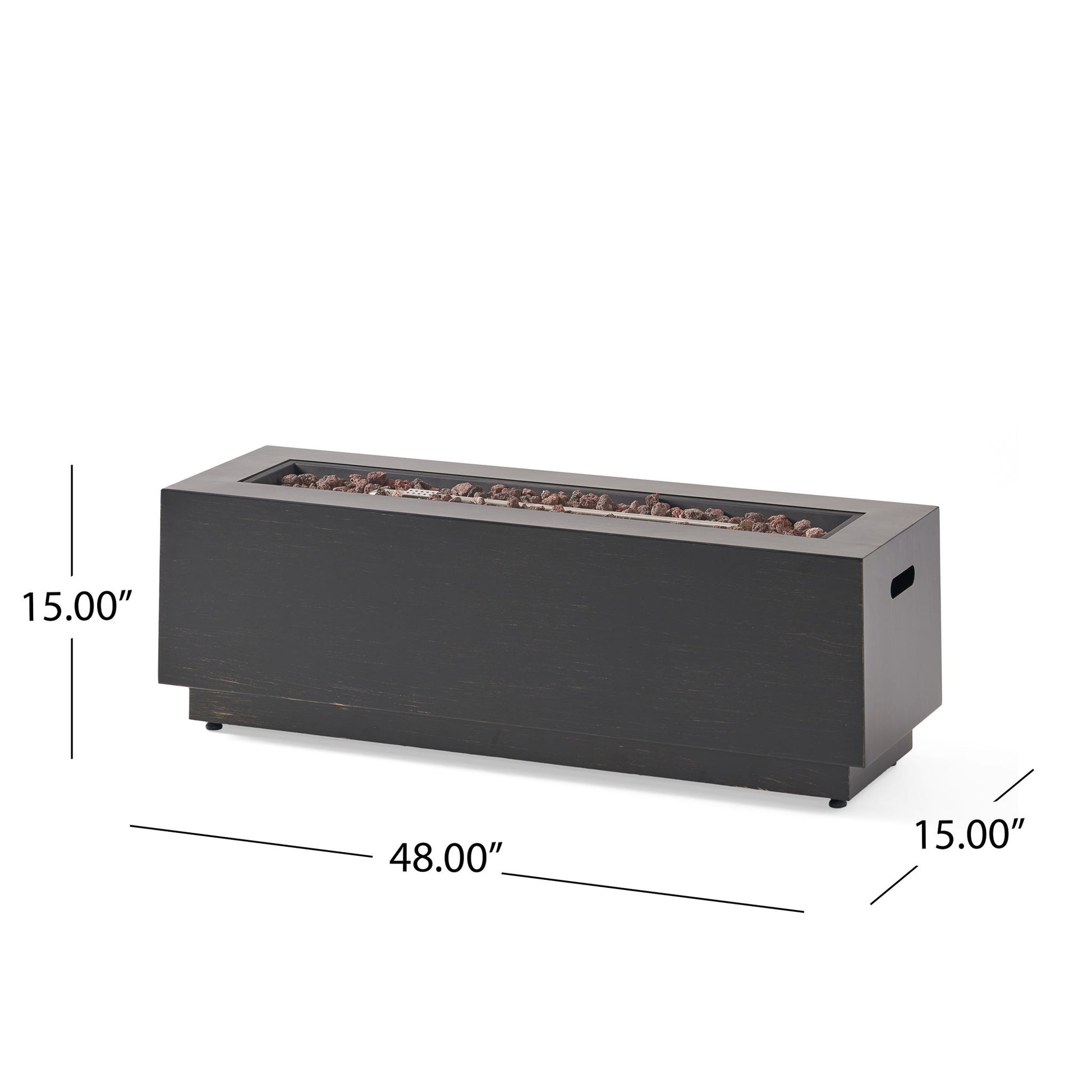 The Modern Rectangular Iron Fire Pit 50,000 Btu is a black table with side handles, filled with small lava rocks. It measures 48" wide, 15" deep, and 15" high.