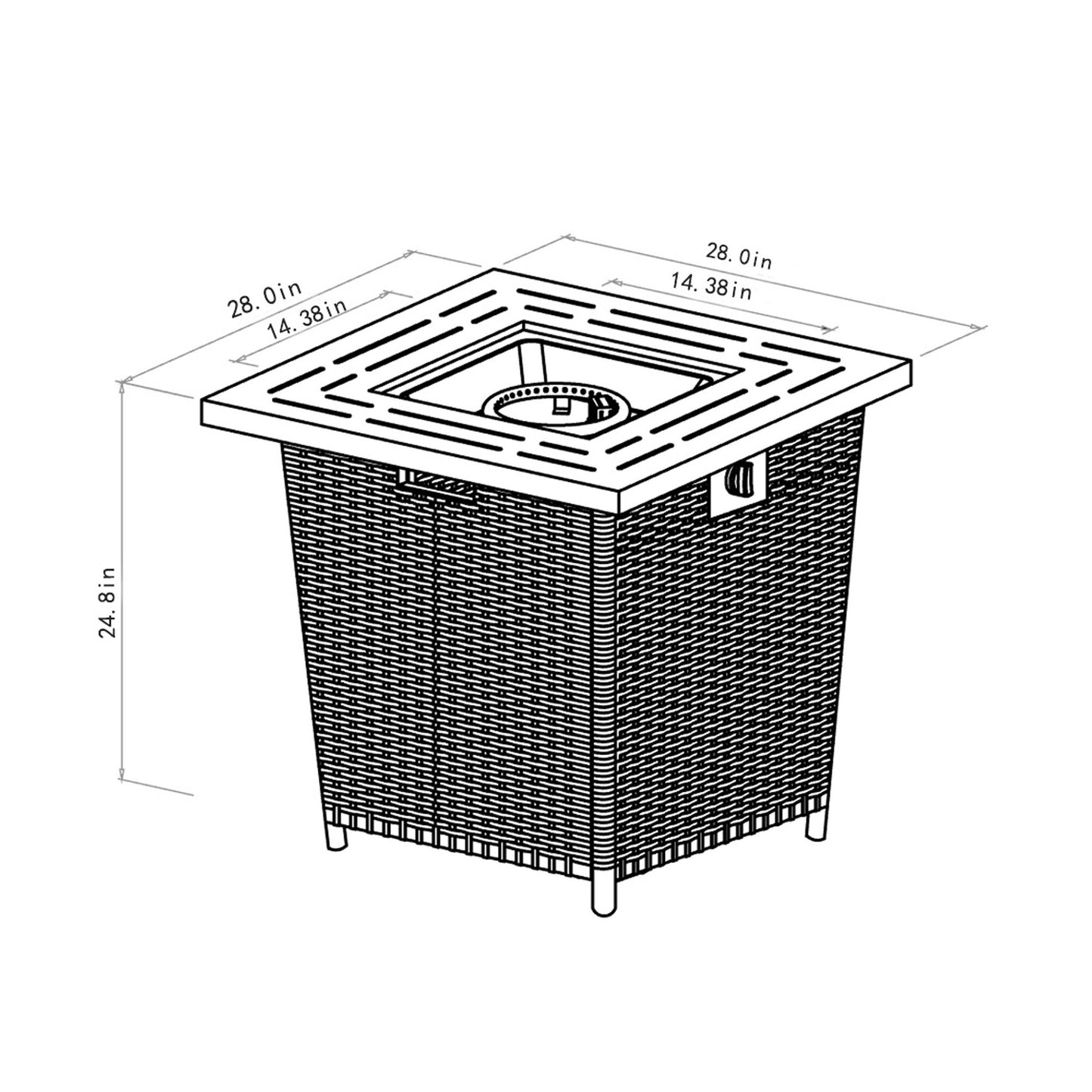 Black and white line drawing of the 28" Wicker Square Fire Pit Table - Black Brown, showing woven sides, labeled as 28.0" wide x 28.0" deep x 24.8" tall with a 14.38" square inset at the top center.