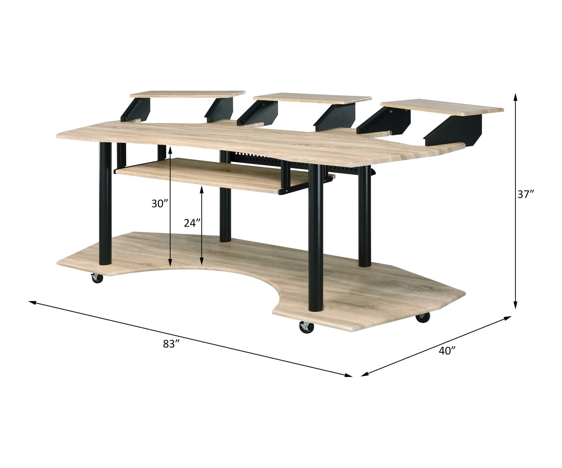 The Eleazar Music Recording Studio Desk features a spacious wood surface, black metal legs, multiple raised monitor stands, a lower shelf, and caster wheels. It measures 83"W x 40"D x 30–37"H.